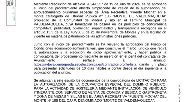 Anuncio de contratación Servicio Food Truck 2024 en el área recreativa 